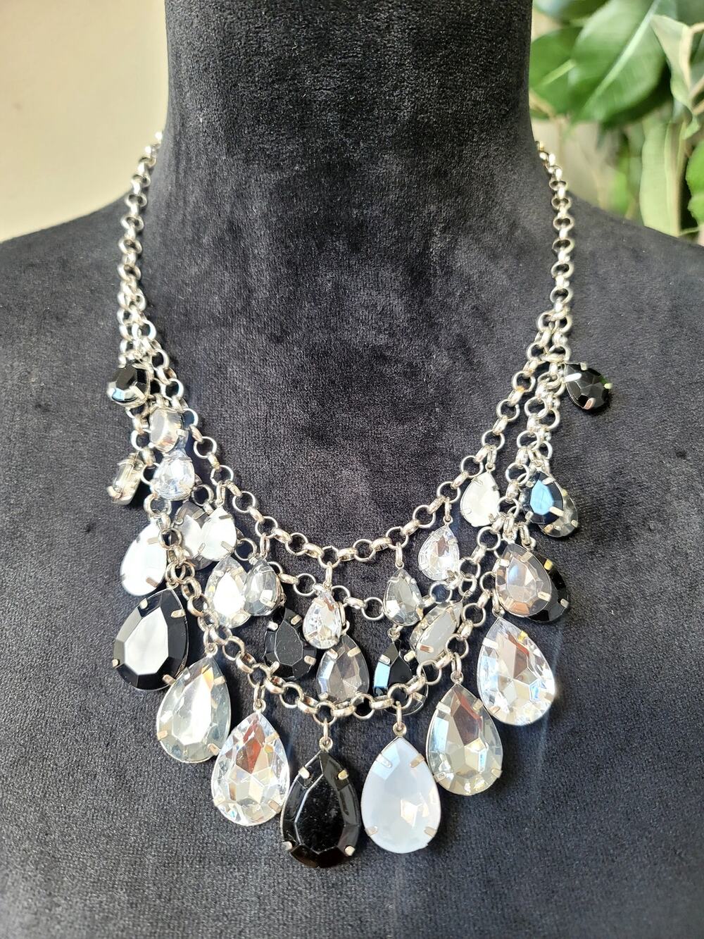 Black & Clear Crystal Teardrop Statement Necklace Silver Tone Layered Jewelry